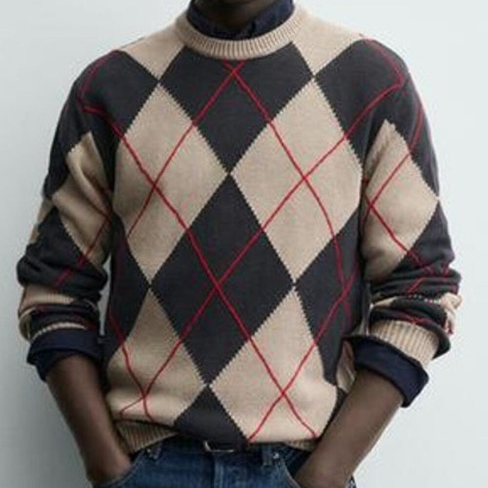 Zara Men's Diamond Jacquard Jumper Sweater Size M